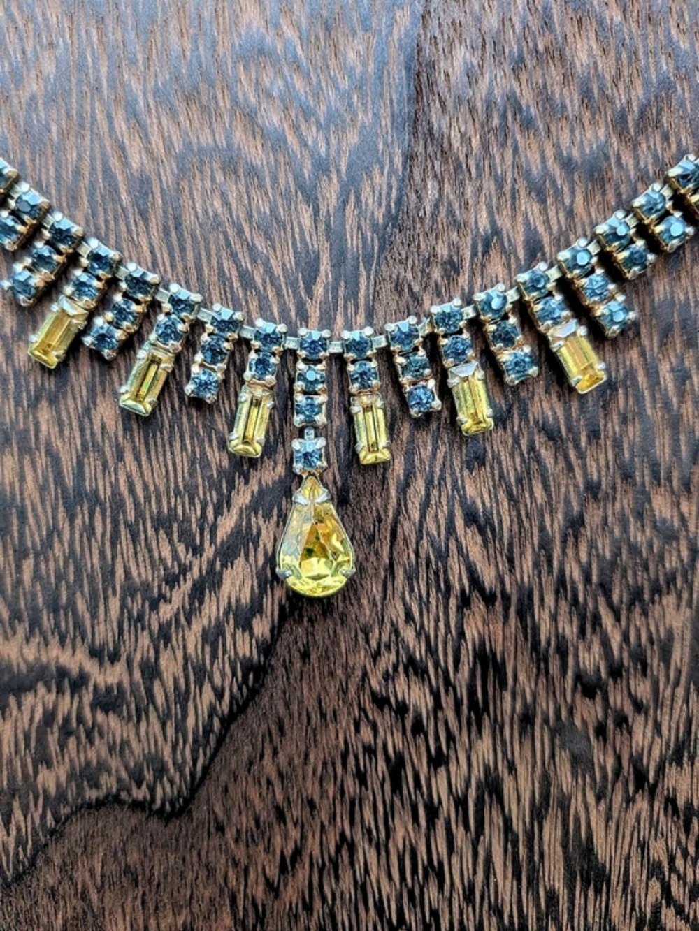 Vintage Rhinestone Drop Fringe Necklace Blue Yellow Art Deco Style